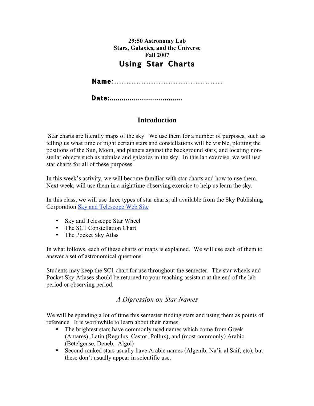 Using Star Charts Introduction a Digression on Star Names