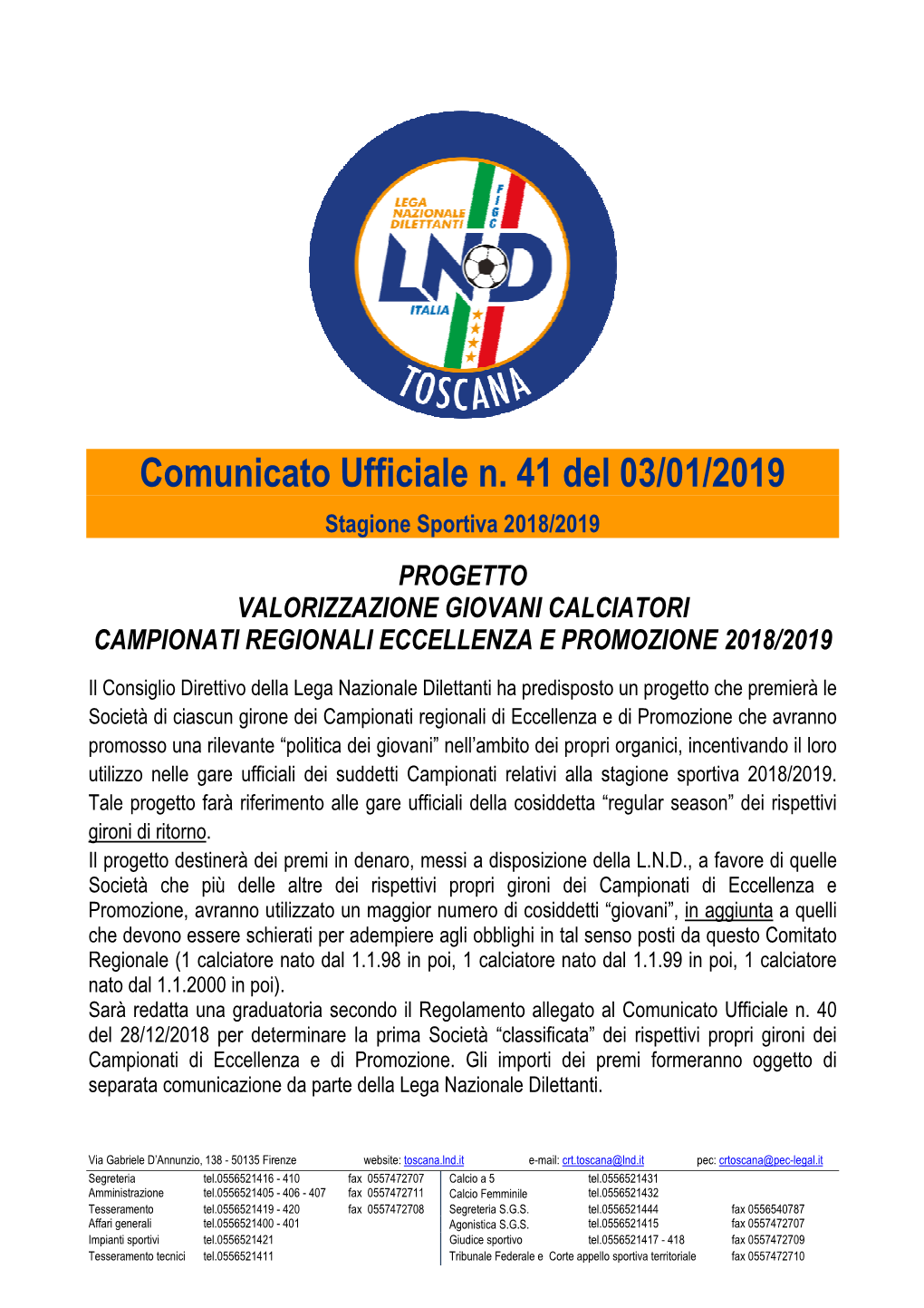 Comunicato Ufficiale N. 41 Del 03/01/2019