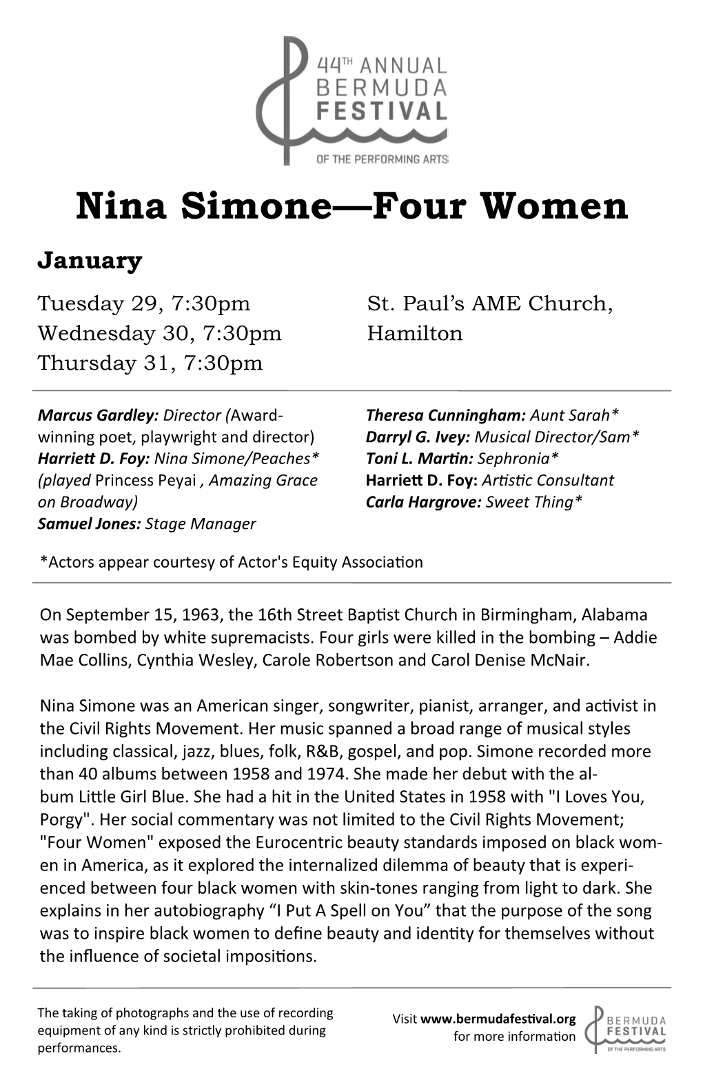 Nina Simone—Four Women January Tuesday 29, 7:30Pm St