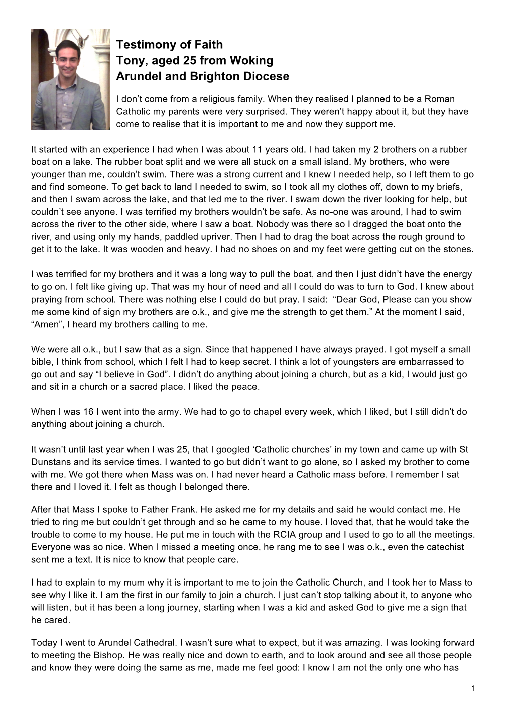 Testimony of Faith Tony, Aged 25 from Woking Arundel and Brighton Diocese