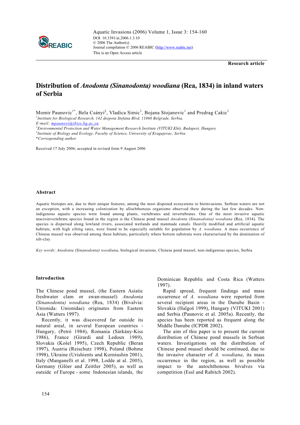 Distribution of Anodonta (Sinanodonta) Woodiana (Rea, 1834) in Inland Waters of Serbia