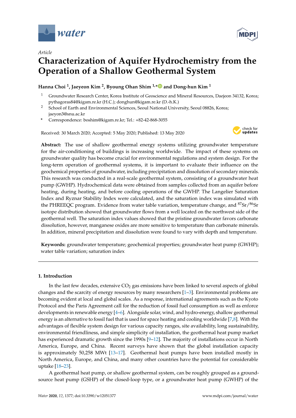 Characterization of Aquifer Hydrochemistry from the Operation of a Shallow Geothermal System