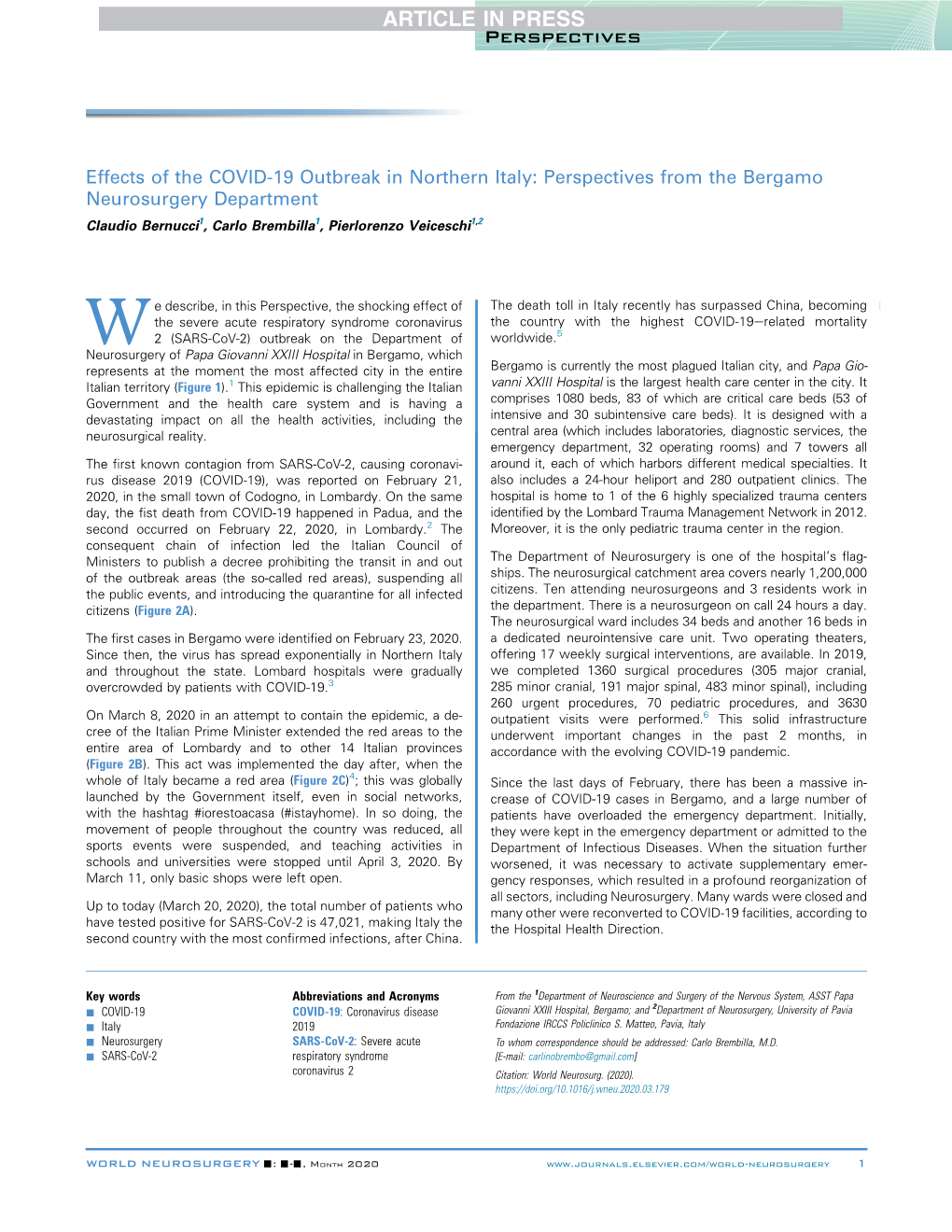 Effects of the COVID-19 Outbreak in Northern Italy: Perspectives From