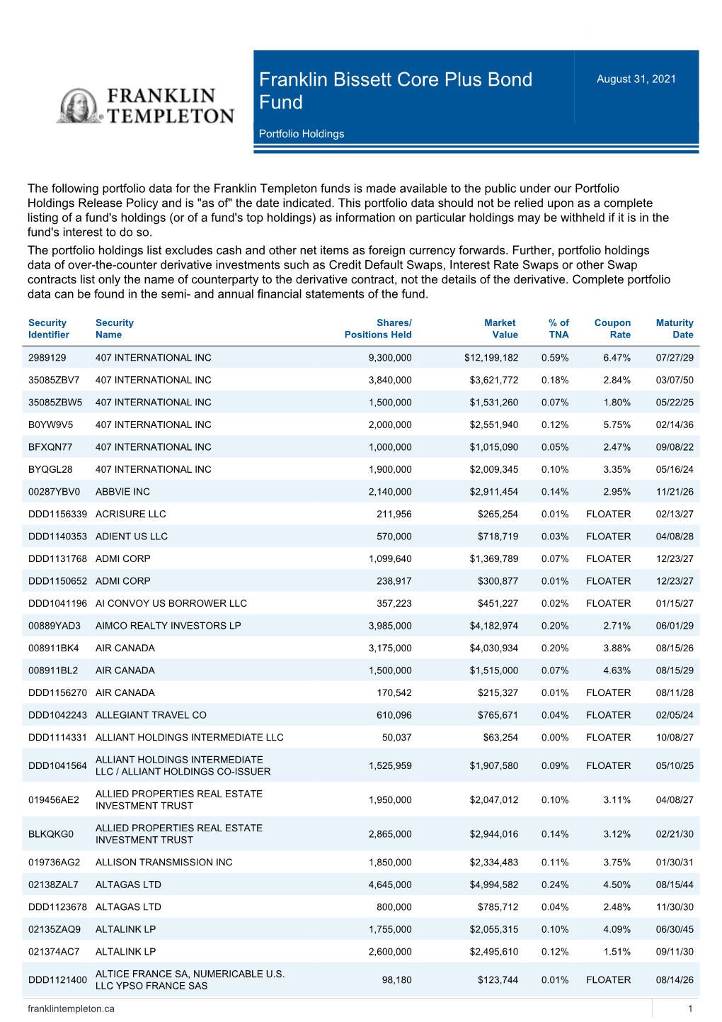 Franklin Bissett Core Plus Bond Fund August 31, 2021