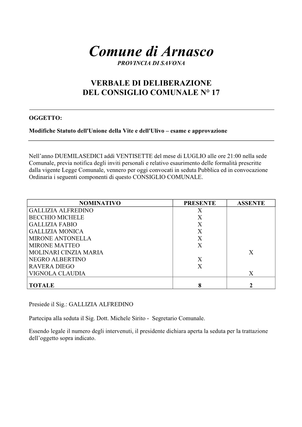 Comune Di Arnasco PROVINCIA DI SAVONA