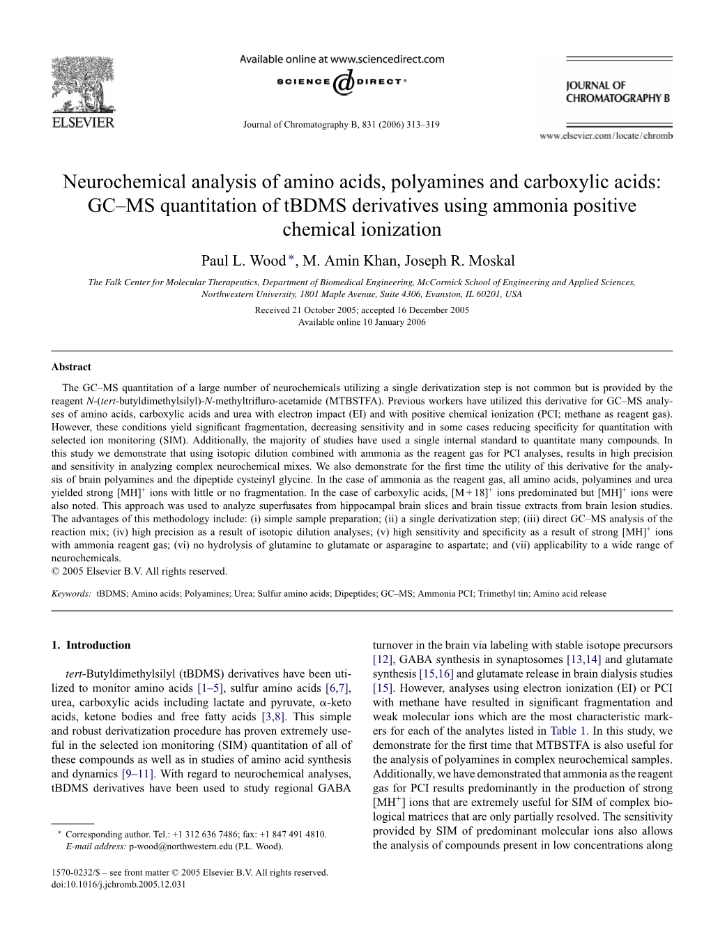 Neurochemical Analysis of Amino Acids, Polyamines and Carboxylic Acids: GC–MS Quantitation of Tbdms Derivatives Using Ammonia Positive Chemical Ionization Paul L