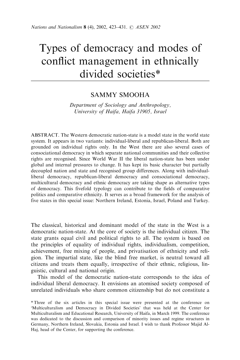 Types of Democracy and Modes of Conflict Management in Ethnically