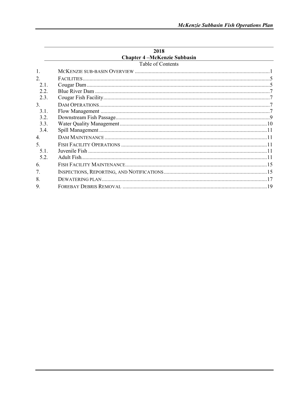 Mckenzie Subbasin Fish Operations Plan 2018 Chapter 4 –Mckenzie