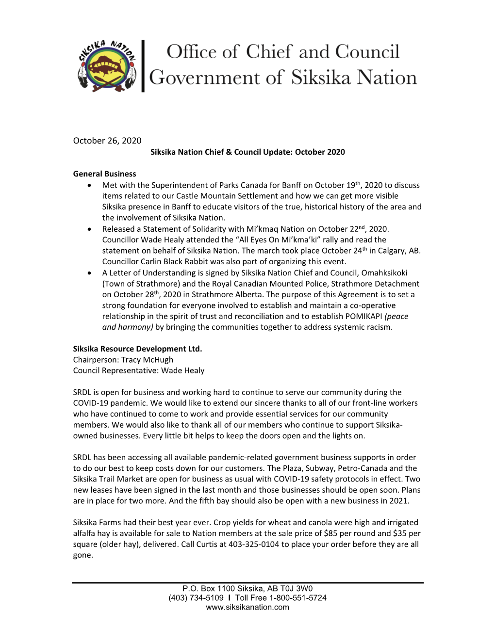 October 26, 2020 Siksika Nation Chief & Council Update: October 2020