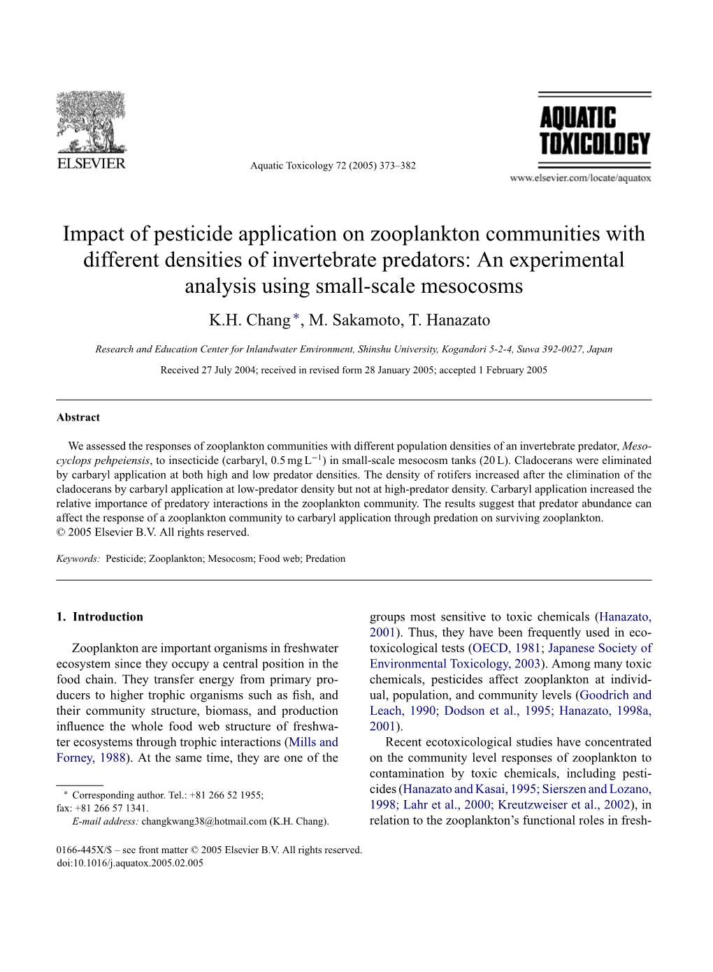 Impact of Pesticide Application on Zooplankton Communities With