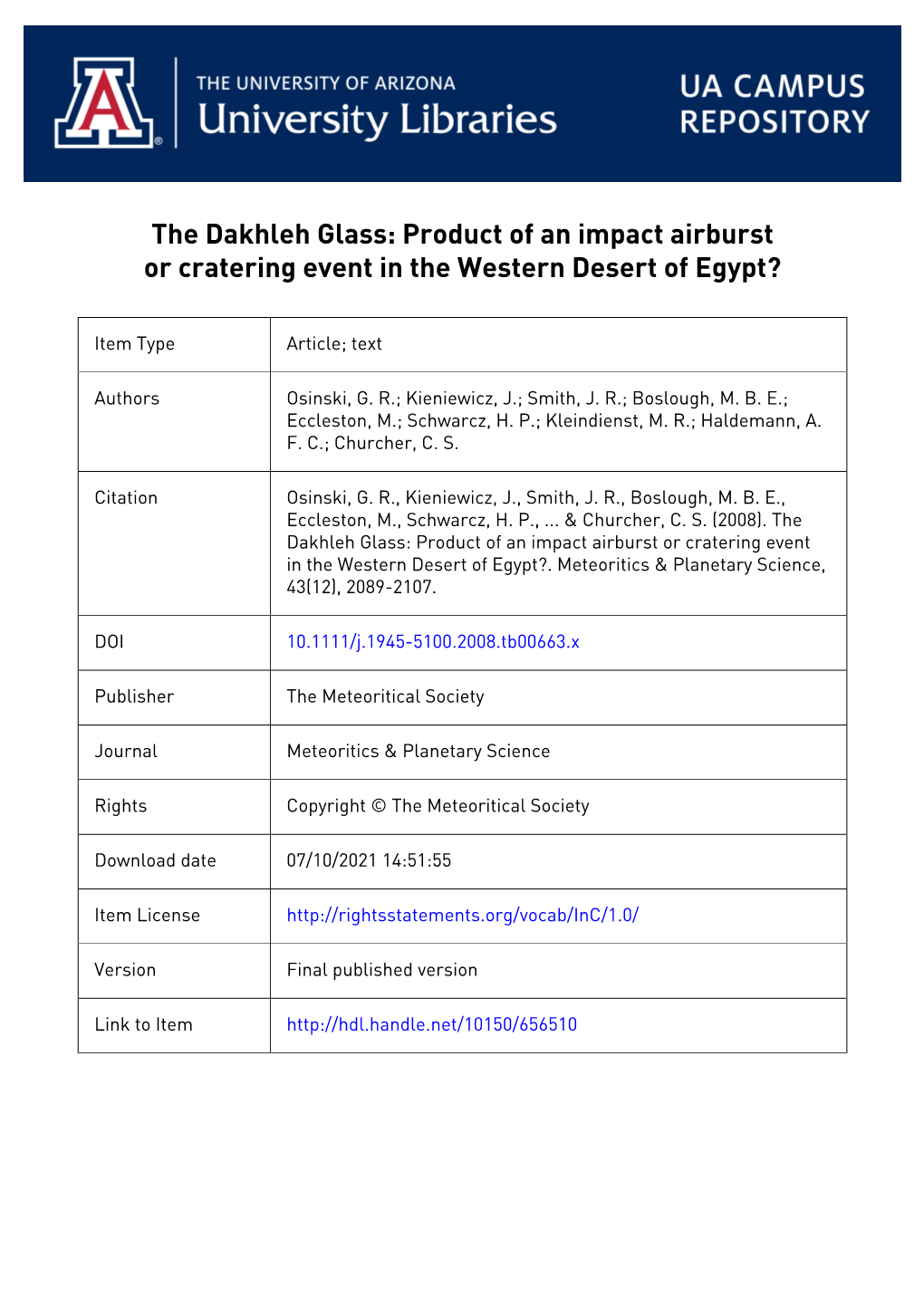 The Dakhleh Glass: Product of an Impact Airburst Or Cratering Event in the Western Desert of Egypt?