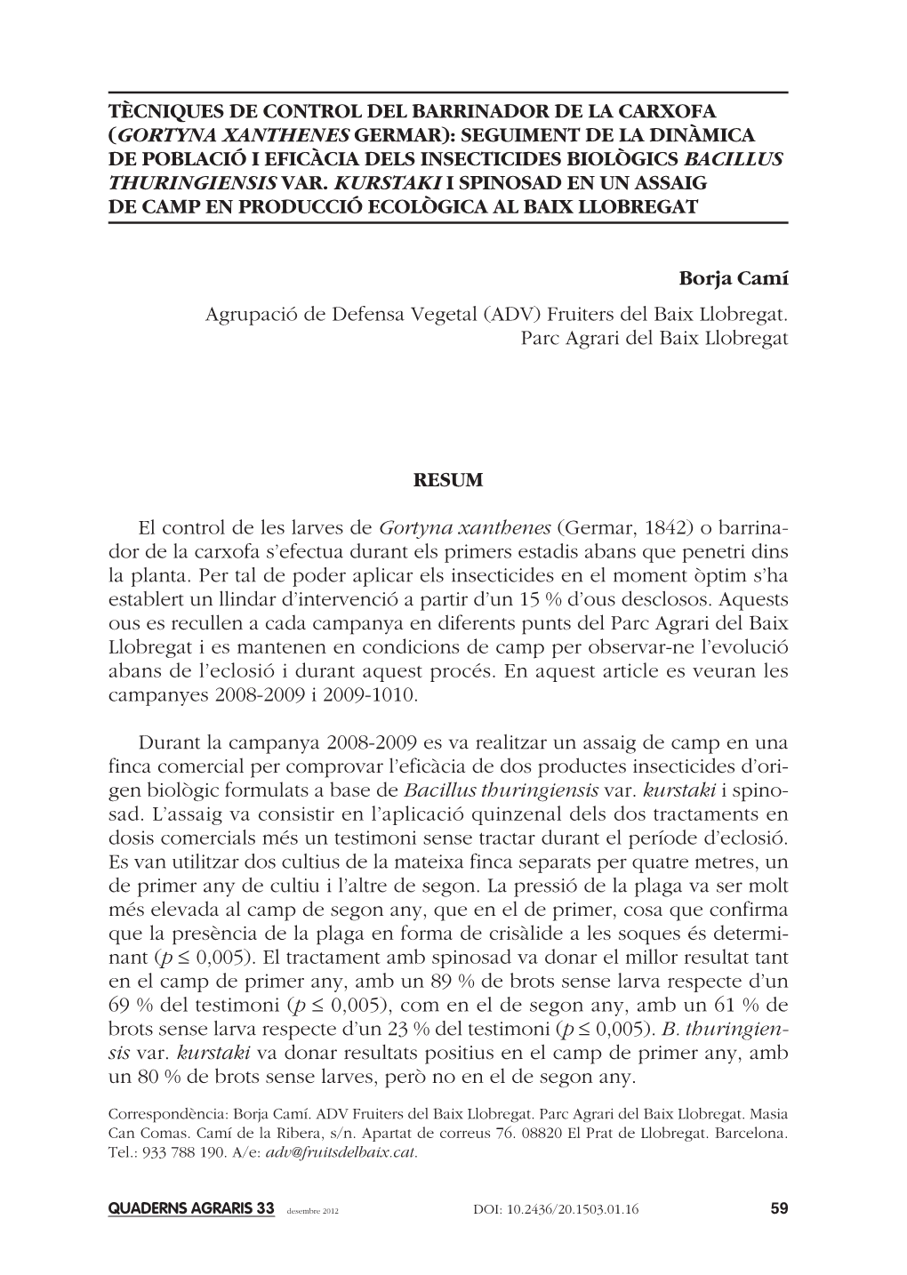 TÈCNIQUES DE CONTROL DEL Barrinador DE LA