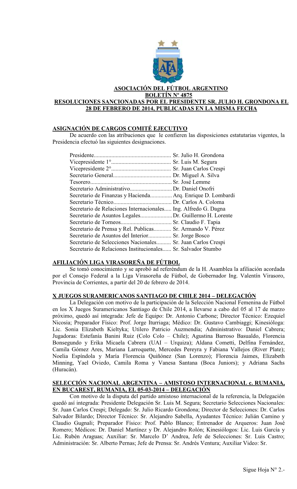 Asociación Del Fútbol Argentino Boletín Nº 4875 Resoluciones Sancionadas Por El Presidente Sr