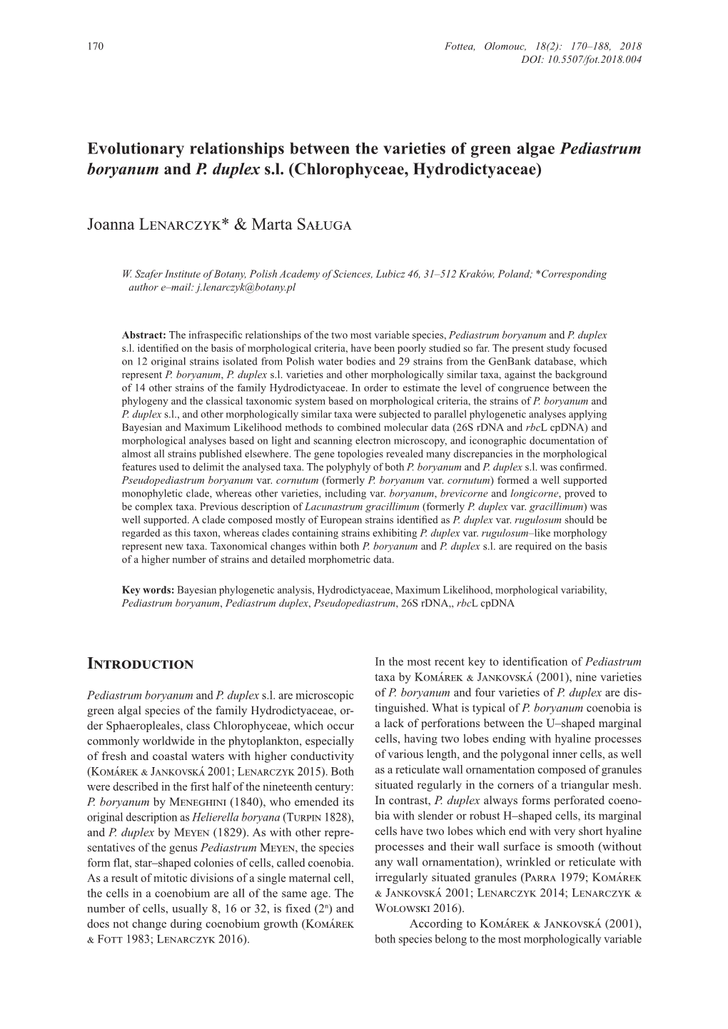 Evolutionary Relationships Between the Varieties of Green Algae Pediastrum Boryanum and P