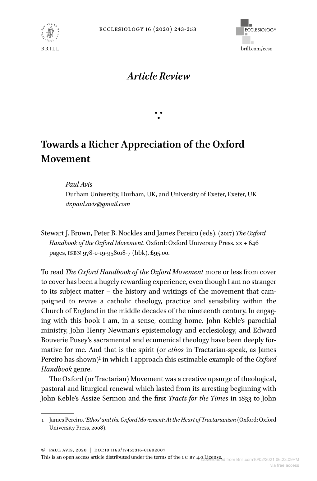 Article Review Towards a Richer Appreciation of the Oxford Movement