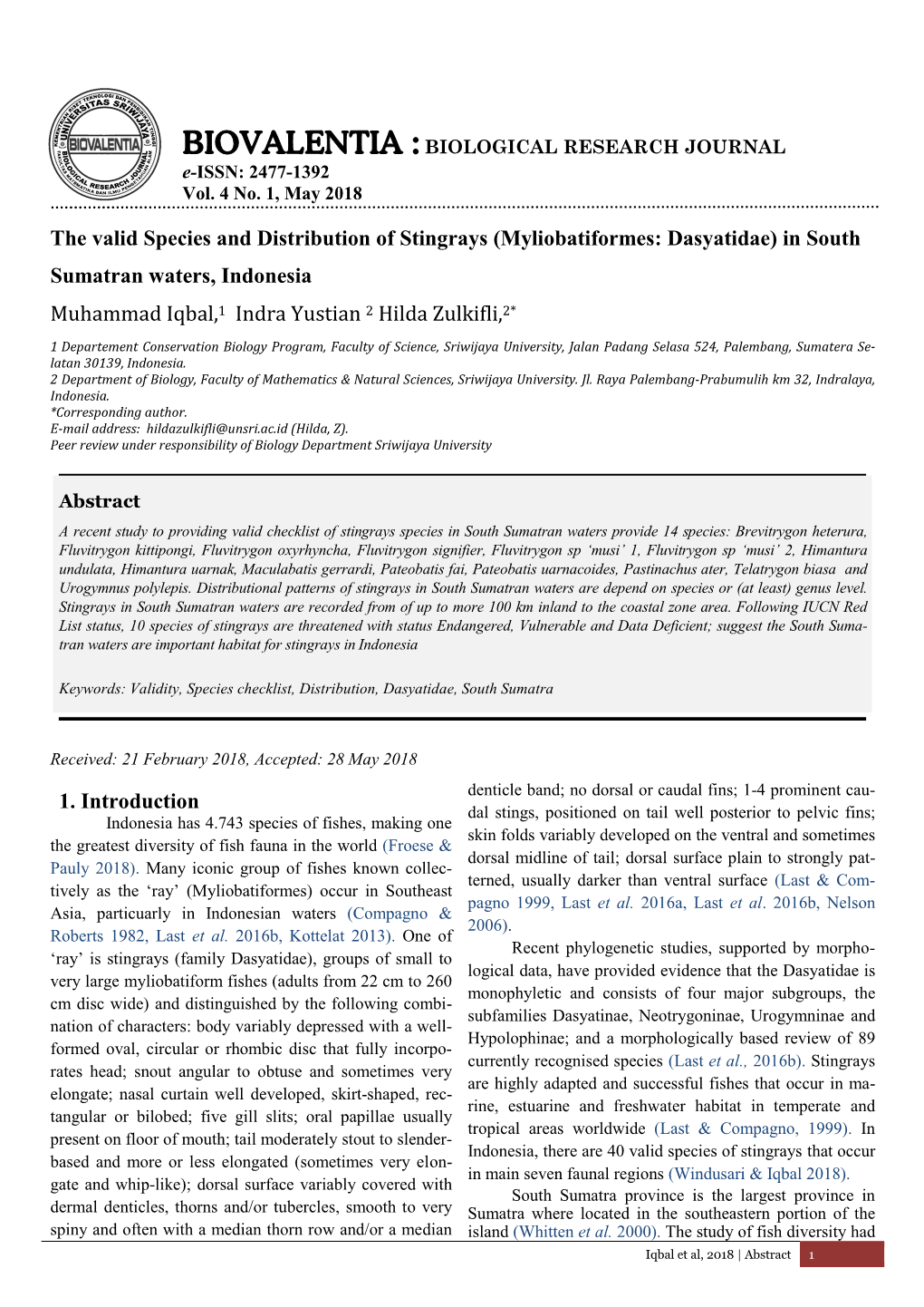 The Valid Species and Distribution of Stingrays (Myliobatiformes