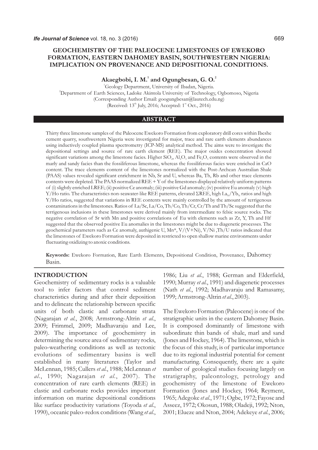 Geochemistry of the Paleocene Limestones of Ewekoro Formation, Eastern Dahomey Basin, Southwestern Nigeria: Implication on Provenance and Depositional Conditions