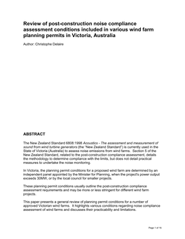 Review of Post-Construction Noise Compliance Assessment Conditions Included in Various Wind Farm Planning Permits in Victoria, Australia