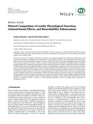 Review Article Mineral Composition of Lentils: Physiological Functions, Antinutritional Effects, and Bioavailability Enhancement