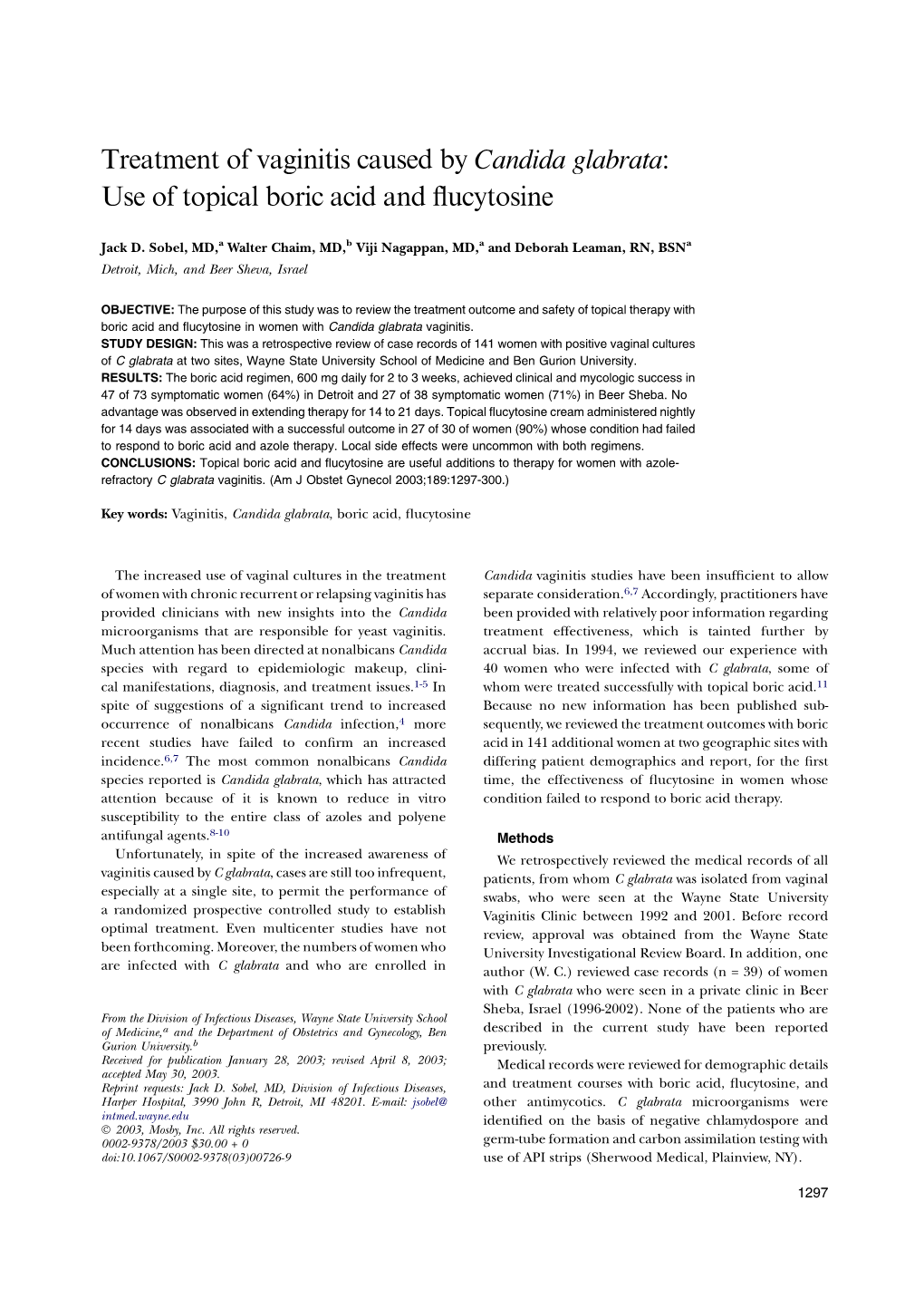 Treatment of Vaginitis Caused by Candida Glabrata: Use of Topical Boric Acid and Flucytosine