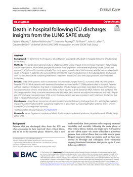 Death in Hospital Following ICU Discharge: Insights from the LUNG SAFE Study Fabiana Madotto1†, Bairbre Mcnicholas2,3†, Emanuele Rezoagli4,5, Tài Pham6,7, John G