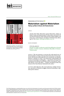 Materialism Against Materialism: Taking up Marx's