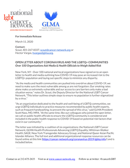 OPEN LETTER ABOUT CORONAVIRUS and the LGBTQ+ COMMUNITIES Over 100 Organizations Ask Media & Health Officials to Weigh Added Risk