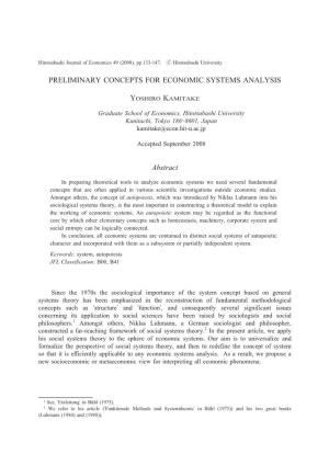 Preliminary Concepts for Economic Systems Analysis Yoshiro Kamitake