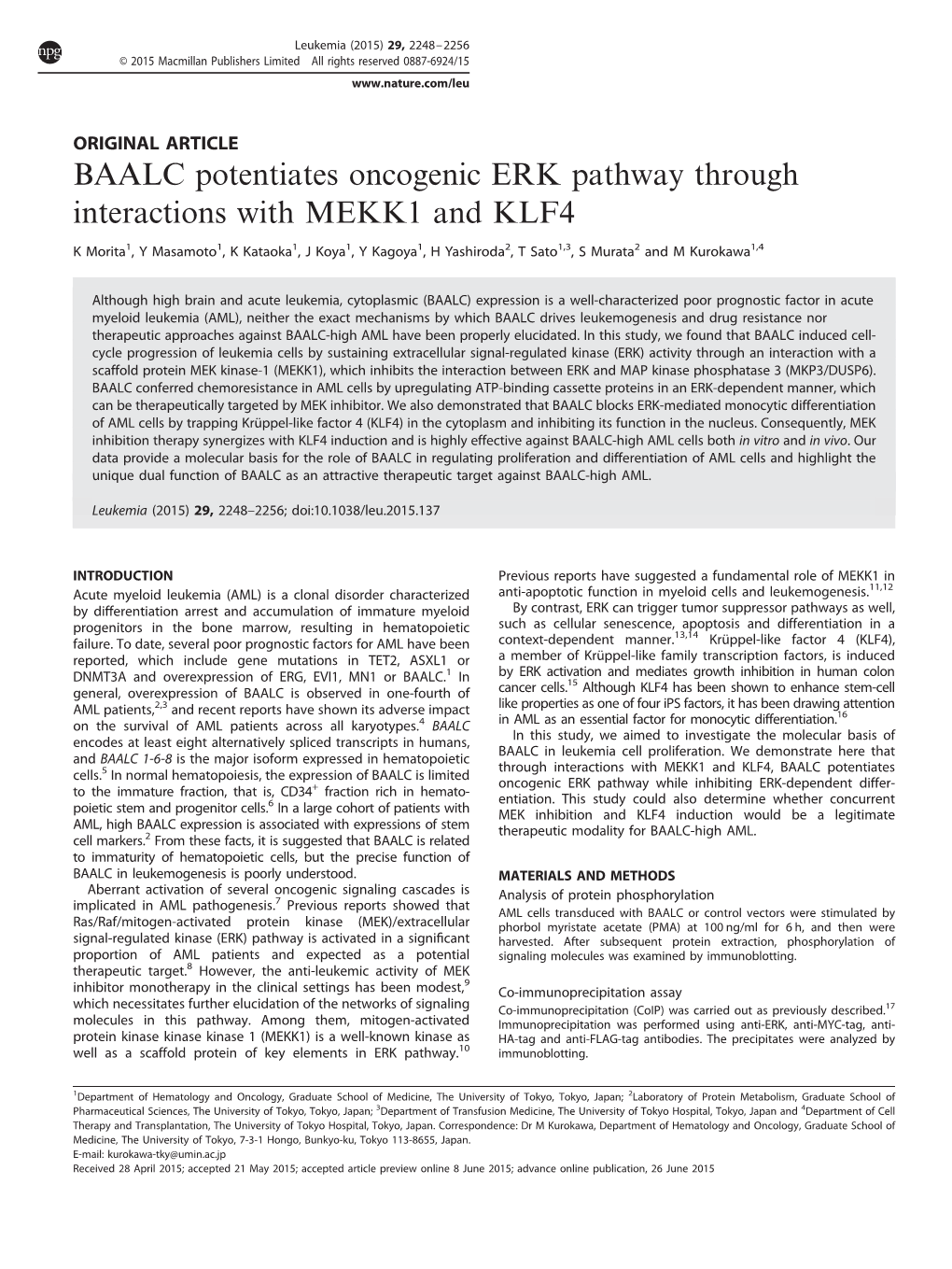 BAALC Potentiates Oncogenic ERK Pathway Through Interactions with MEKK1 and KLF4