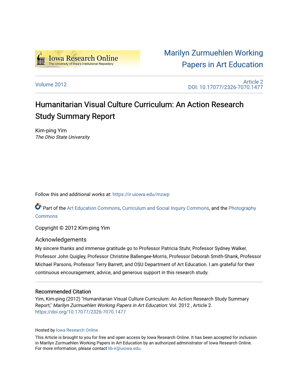 Humanitarian Visual Culture Curriculum: an Action Research Study Summary Report