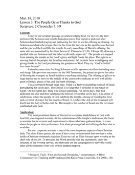 Mar. 18, 2018 Lesson 3: the People Gave Thanks to God Scripture: 2 Chronicles 7:1-9