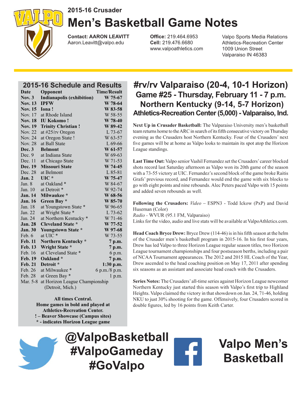 Men's Basketball Game Notes @Valpobasketball Valpo Men's