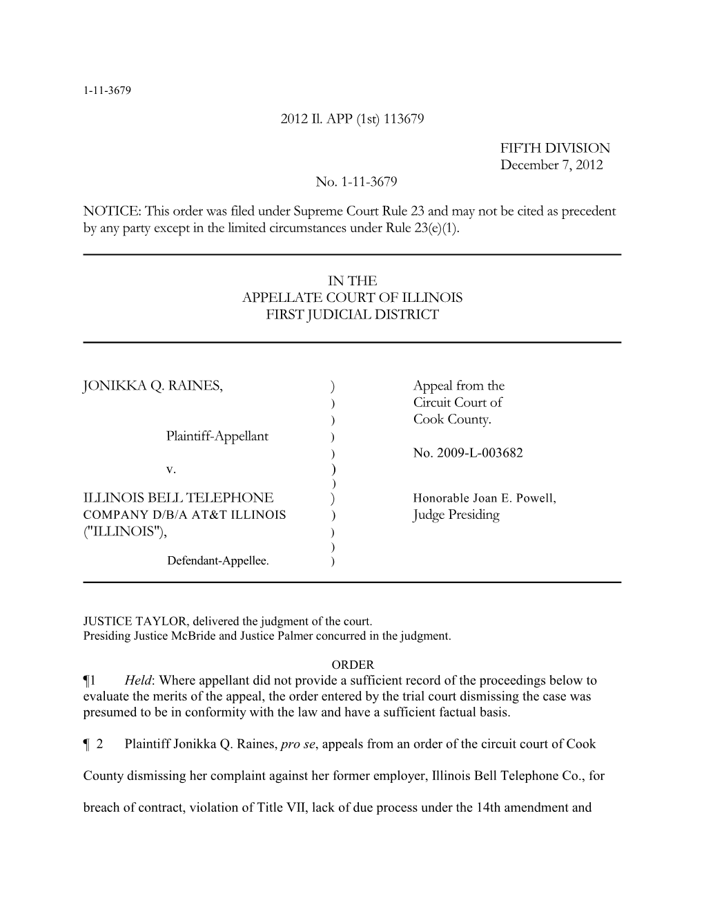 Raines V. Illinois Bell Telephone Company 2012 Il. APP (1St) 113679