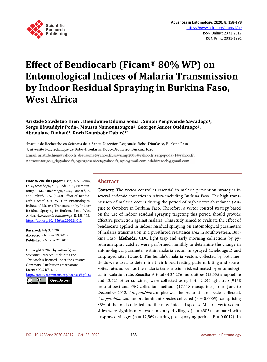 Effect of Bendiocarb (Ficam® 80% WP) on Entomological Indices of Malaria Transmission by Indoor Residual Spraying in Burkina Faso, West Africa