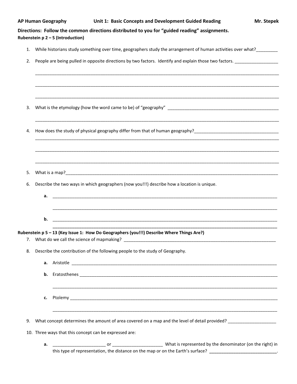 AP Human Geography Unit 1: Basic Concepts and Development Guided Reading Mr. Stepek