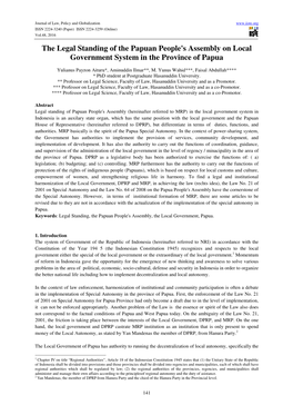 The Legal Standing of the Papuan People's Assembly on Local Government System in the Province of Papua