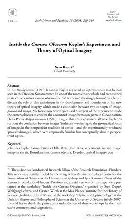 Inside the Camera Obscura: Kepler's Experiment and Eory of Optical