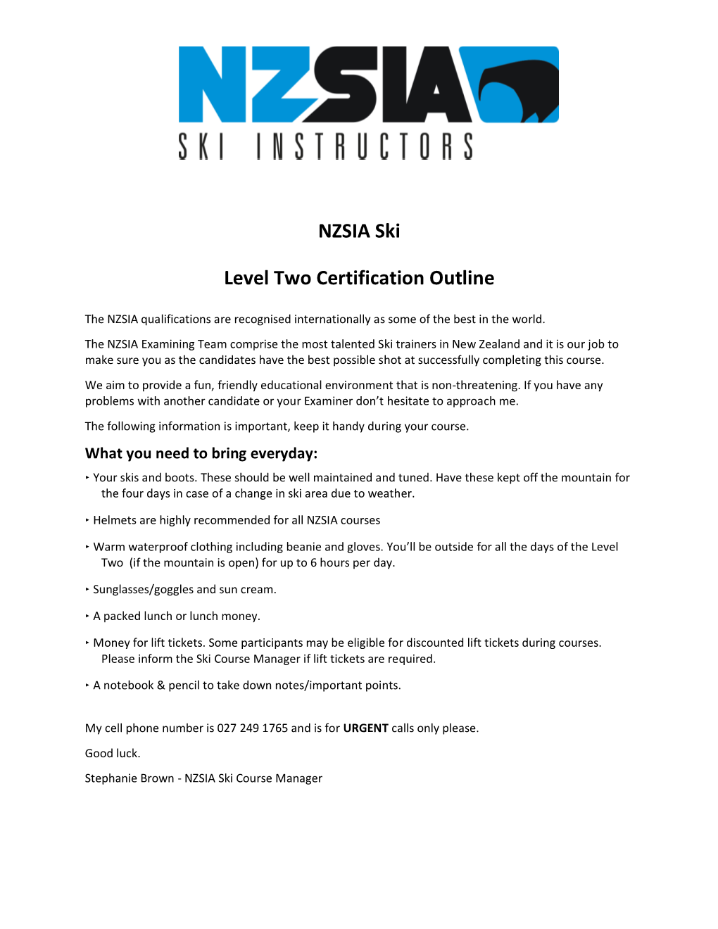 NZSIA Ski Level Two Certification Outline
