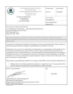 US EPA, Pesticide Product Label, Battalion Pro,09/30/2020