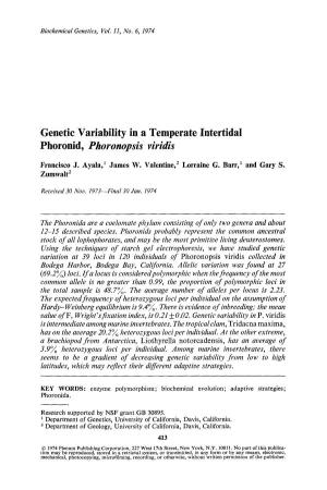 Genetic Variability in a Temperate Intertidal Phoronid, &lt;Emphasis