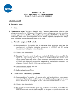 Report of the Ncaa Baseball Rules Committee July 17-19, 2019 Annual Meeting