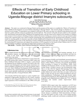 Effects of Transition of Early Childhood Education on Lower Primary Schooling in Uganda-Mayuge District Imanyiro Subcounty