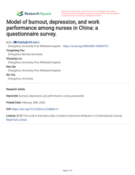 Model of Burnout, Depression, and Work Performance Among Nurses in China: a Questionnaire Survey