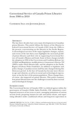 Correctional Service of Canada Prison Libraries from 1980 to 2010