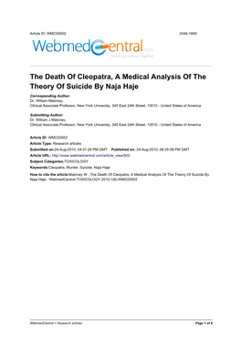 The Death of Cleopatra, a Medical Analysis of the Theory of Suicide by Naja Haje