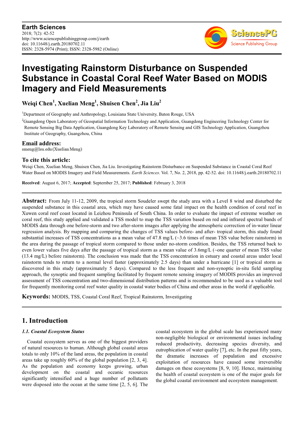 Investigating Rainstorm Disturbance on Suspended Substance in Coastal Coral Reef Water Based on MODIS Imagery and Field Measurements