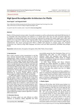 High Speed Reconfigurable Architecture for Phelix