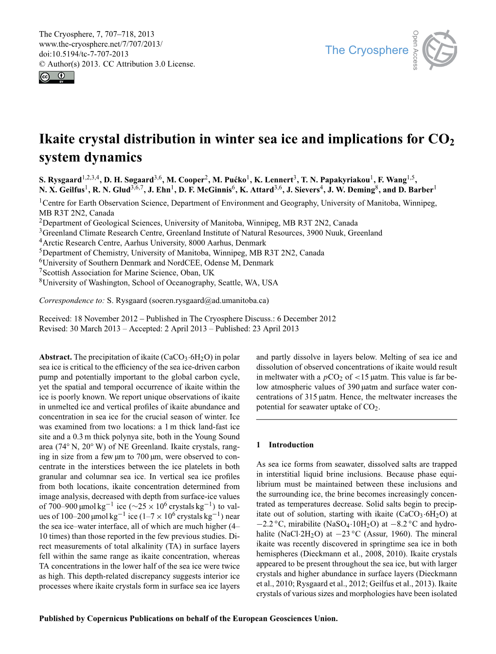 Ikaite Crystal Distribution in Winter Sea Ice and Implications for CO2 System Dynamics