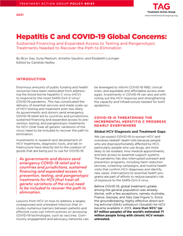 Hepatitis C and COVID-19 Global Concerns: Sustained Financing and Expanded Access to Testing and Pangenotypic Treatments Needed to Recover the Path to Elimination