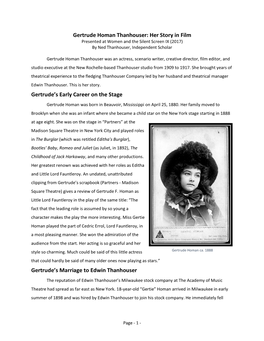 Gertrude Homan Thanhouser: Her Story in Film Presented at Women and the Silent Screen IX (2017) by Ned Thanhouser, Independent Scholar